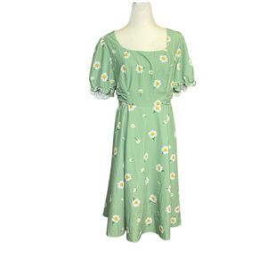 Belle Poque A Line Fit & Flare Green Daisy Midi Dress Womens XL Pockets Smocked